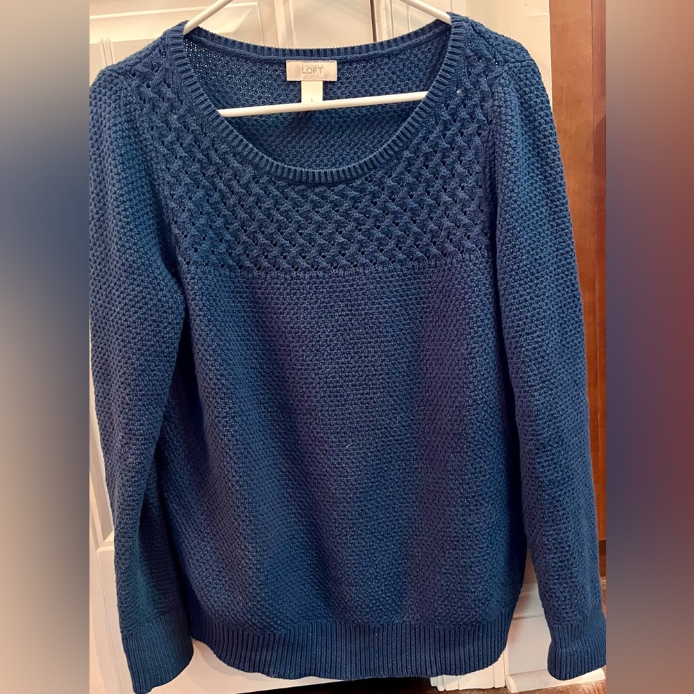 Ann Taylor LOFT 100% cotton waffle weave top of front navy Blue Sweater